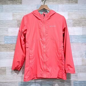 Columbia City Trail Hooded Rain Jacket Pink Full Zip Mesh Lined Girl Large 14 16
